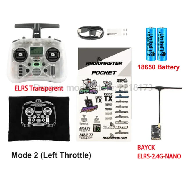 Radiomaster Pocket ELRS 2.4Ghz Transparent + 18650 batteries + Bayck Nano RX