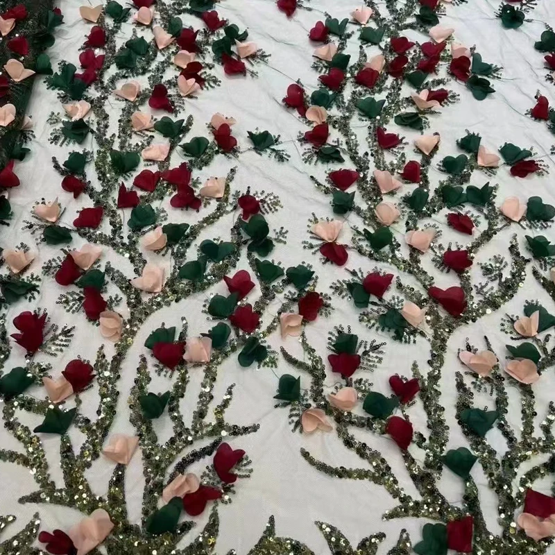 

Green Embroidery Sequence African French Mesh Tulle Voile High Quality Orange Nigerian Double Organza Sequins Lace Fabric Dress