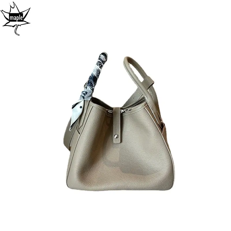 2022 Fashion Designer Natural Cowhide Leather Bucket Tote Grey All-match High Quality Women Handbag Commute Office Shoulder Bag