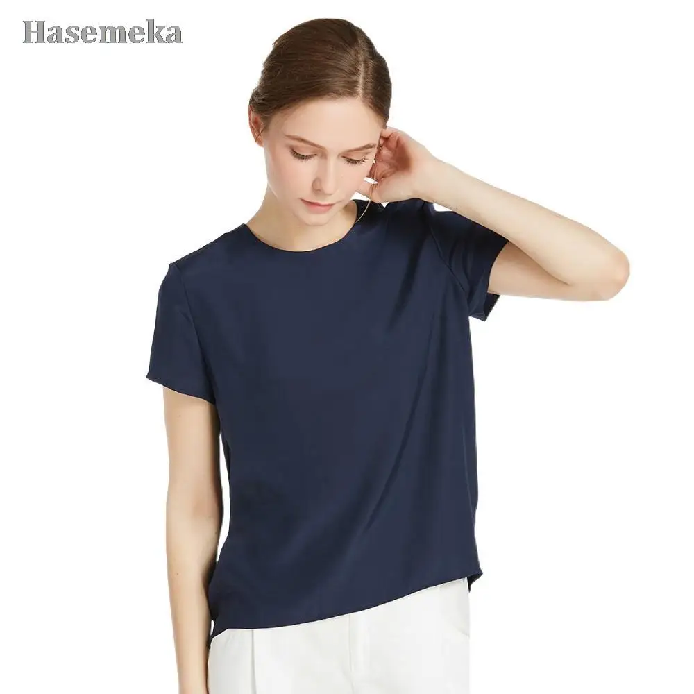 

Silk Blouse Women Top Shirt Short Sleeve Tee Ladies Pure Nature Mulberry Round Collar Button Slit Back Closure Elegant