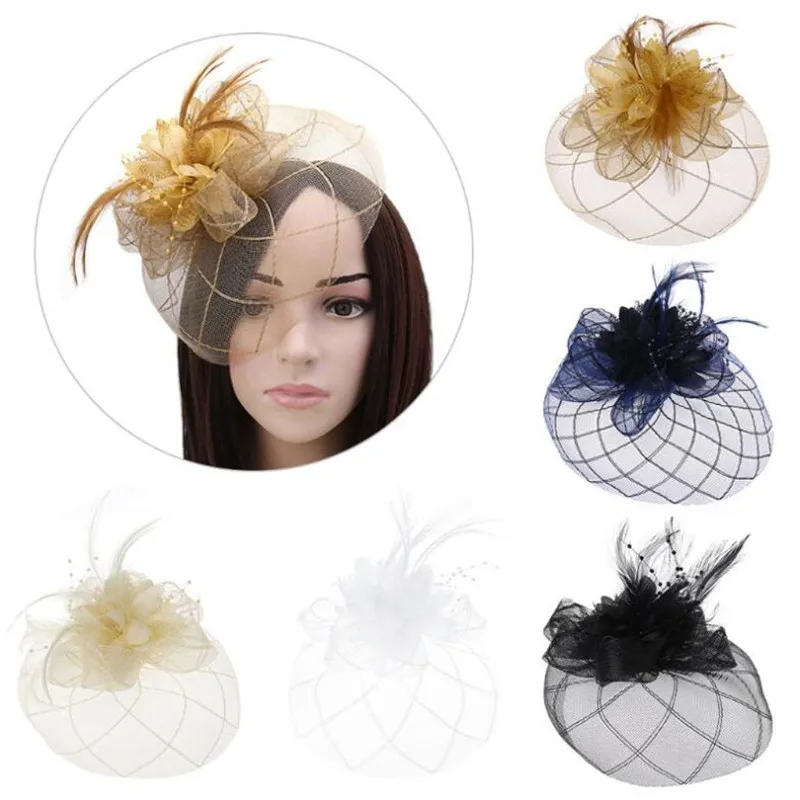 

Bridal Hair Accessories Elegant Bride Fascinator Hat Feather Flower Mesh Veil Hat Wedding Party Headdress Hair Clip Hairpins