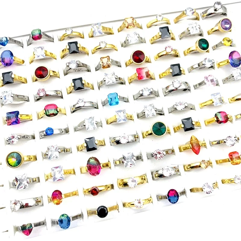 

Wholesale 30pcs Men Stainless Steel Rings For Women Gold Silver Plated Colorful Zircon Trendy Jewelry Party Gift Wedding Bands