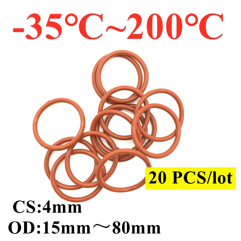 

20 шт., силиконовые уплотнительные кольца VMQ, диаметр 4 мм, 15 ~ 80 мм