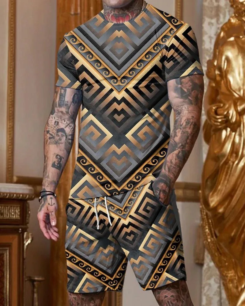 

Geometric Pattern Stitching 3D Printing New Men's Fashion Casual Summer Men's Trend Suit Men's T-shirt Shorts Sportswear Suit