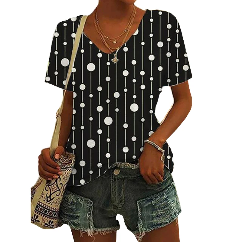 

40 Styles Fashion Dots Short Sleeve Tee Shirts Women Summer Casual V-neck Loose T-shirt Girls Streetwear Oversized Tops Blusas