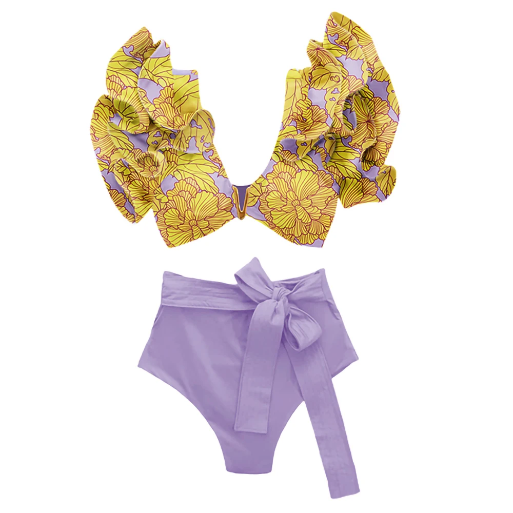 Printed Ruffle Swimsuit Fashion High Waist Cut Sexy Bikini Ladies V Neck Push Up Swimwear Open Back Elegant Lace Up Beach Skirt