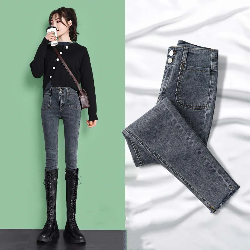 

New Retro High Waist Small Child Tight Pencil Pants Show Thin Stretch Slim Nine Points Jeans Children Tide