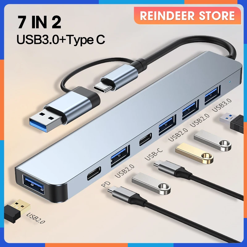 

7in2 7 Ports 2-in-1 USB 3.0 HUB Type-c Adapter USB 2.0 High Speed Transmission Multi-port USB Splitter Expander For PC