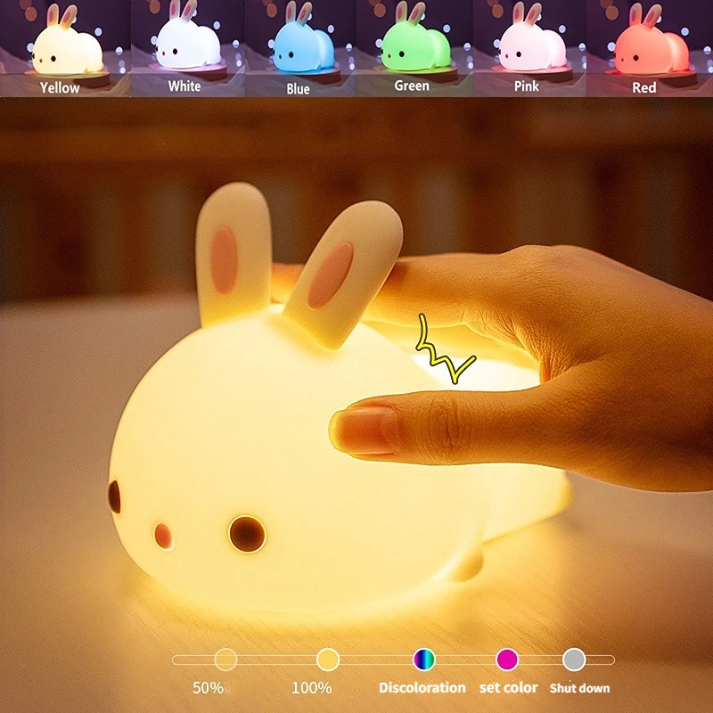 LED Night Light Rechargeable Colorful Touch Sensor Rabbit Remote Control Silicone Rabbit Light Bedroom Decoration Kids Toy Gift