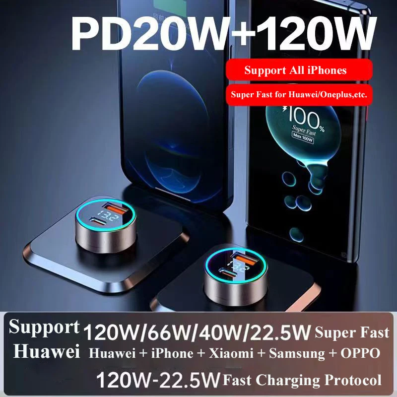 Автомобильное зарядное устройство USB C 120 Вт для iPhone 15 Pro Max Plus 14 13 12 11 iPad Samsung Galaxy Huawei
