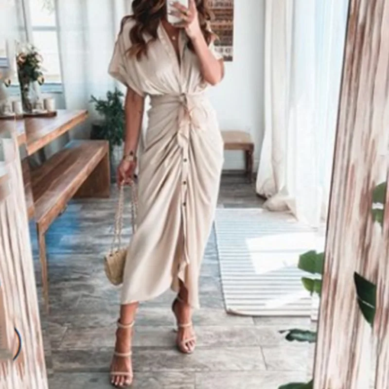 

Women Summer Elegant Button Ruched Bandage Shirt Dresses Korean Fashion Casual Short Sleeve Solid V Neck Beach Maxi Shirt Dress