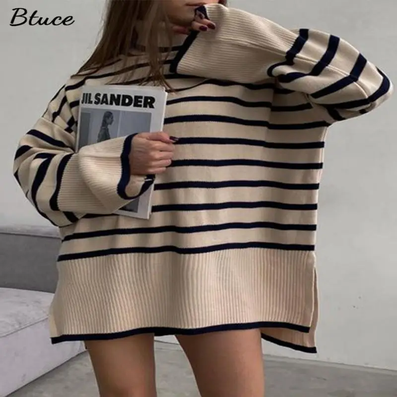 

Autumn Winter Oversized Striped Split Turtleneck Sweater For Women Wide Sleeve Knitted Jumpers Fashion Lady Streetwear Pullover