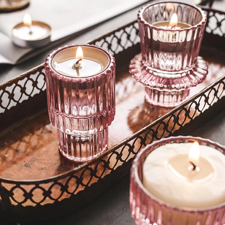 

Nordic Pink Glass Candlestick European Candles Holders Table Candle Stand Romantic Candlestick Photophor Home Decoration