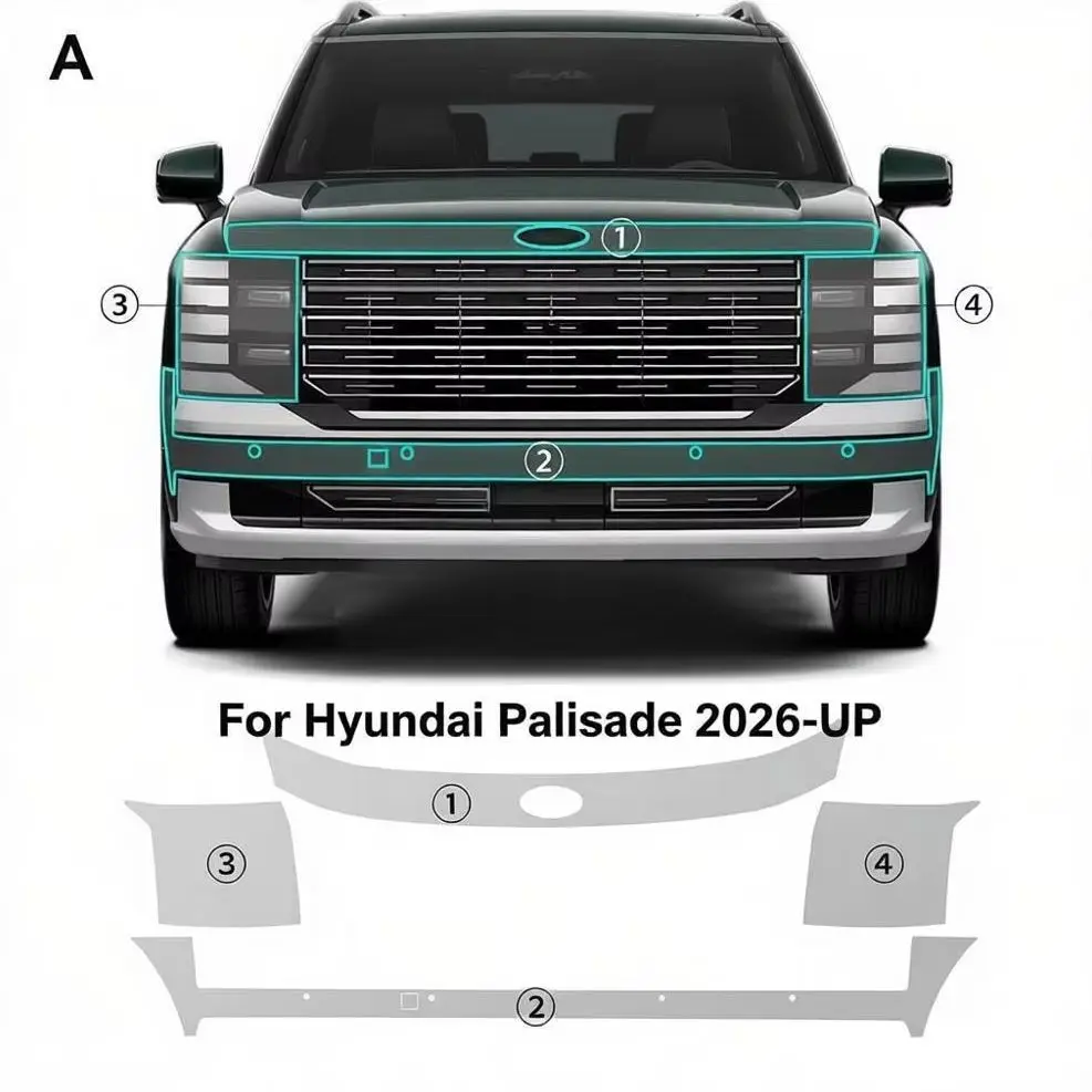 Фото Для Hyundai Palisade 2026-UP: Защитная пленка из ТПУ для бампера и капота, устойчивая к царапинам, самовосстанавливающаяся ﻿   Набор невидимой предварительно нарезанной защитной пленки (PPF) №1