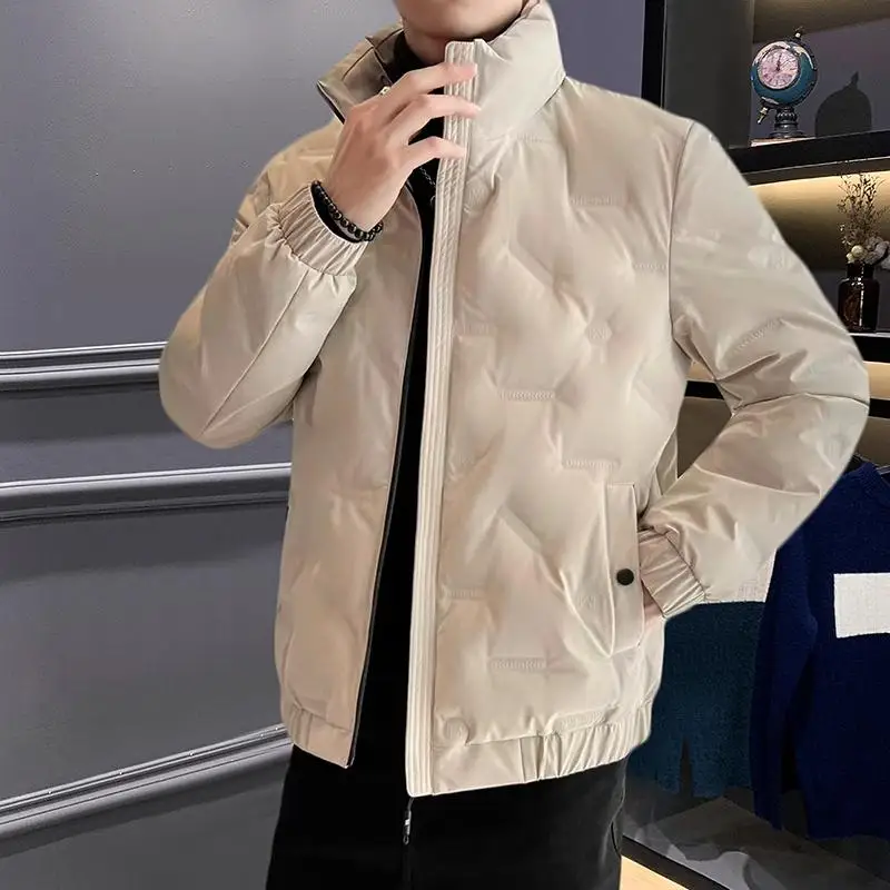 

Мужская короткая куртка на белом утином пуху, теплая приталенная куртка-пуховик с воротником-стойкой, молодежная верхняя одежда, однотонная парка, Осень-зима 2023