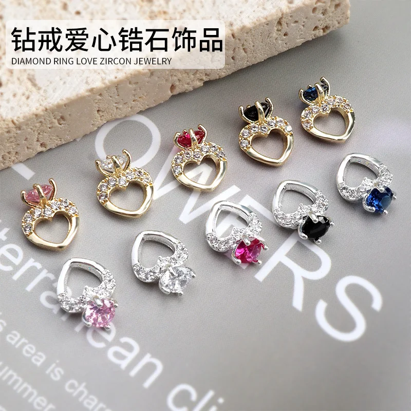 

10Pcs Heart Zircon Ring Shaped Nail Charm Luxury Designer Super Flash Bling Colorful Premium Love Jewel Nails Enhancements CG735