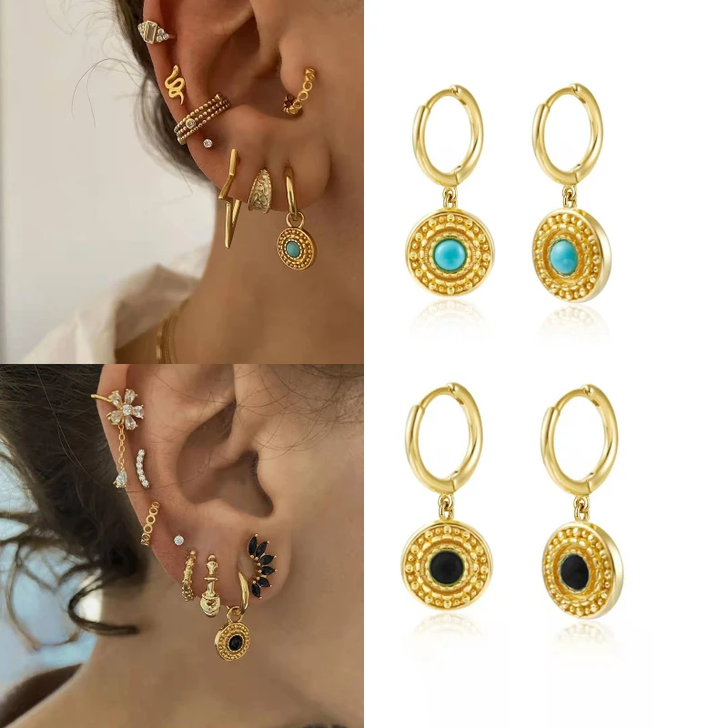 

Vintage Round Circle Dangle Earrings for Women Texture Disc with Blue Black Half Stone Drop Earrings Jewelry Pendientes 2022