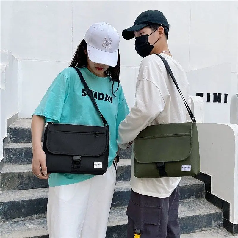 Unisex Japanese and Korean Casual Messenger Bag Solid Color  Large Capacity Nylon Messenger Bag Men's Bag