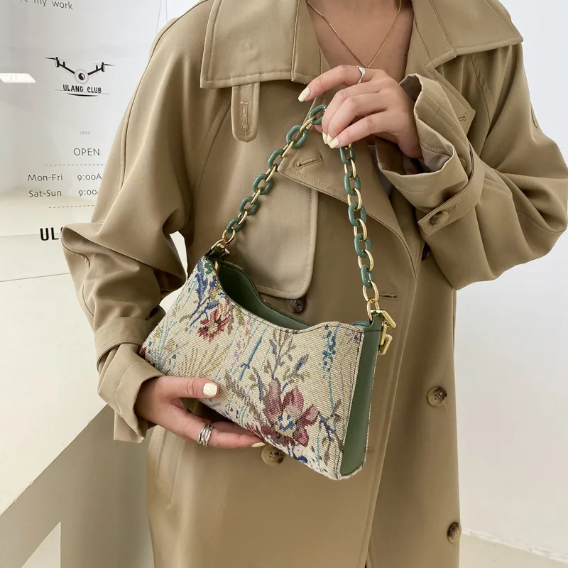 

Fashion Women Oil Painting Printed Shoulder Underarm Bag Casual Ladies Thick Chian Small Purse Handbags Retro Chain Tote Bag
