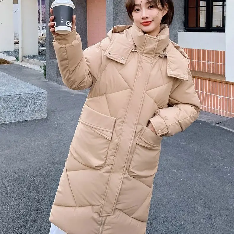 Loose Hooded Thicken Warm Mid Length Parkas Winter Cotton Padded Feminina Korean Long Sleeve Pockets Women Coats 2023 New S92