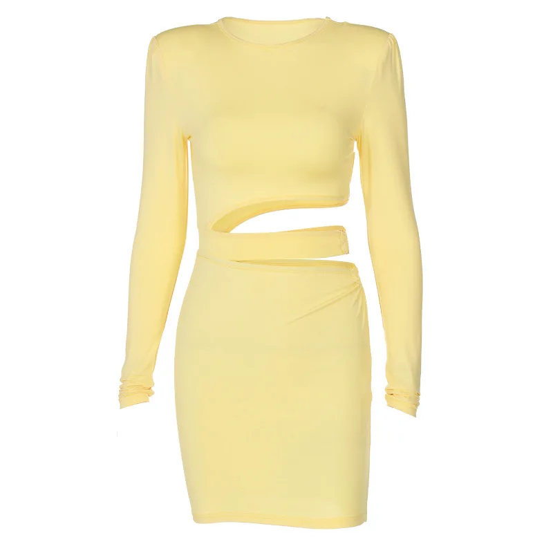 

Sexy Women's Dress Spring New Solid Color Long Sleeve Round Neck Sexy Waist Hollow Out Pack Hip Pullover Dress Free Shipping