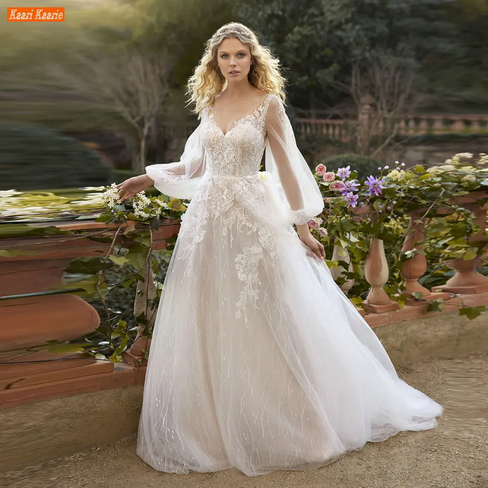 

Luxury Appliqued V Neck Wedding Dresses Long Puff Sleeves Robe De Mariée Princesse A Line Tulle Bridal Gowns Bohemian Trouwjurk
