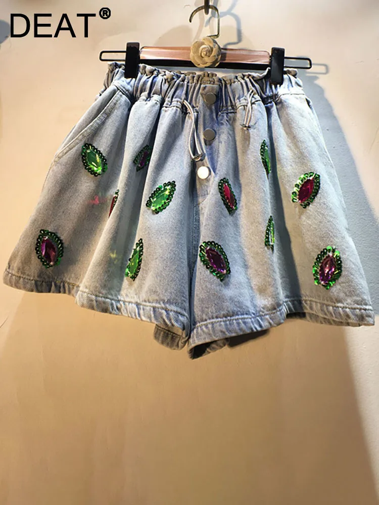 

DEAT Women's Denim Shorts Drawstring Elastic Waist Green Leaves Feathers Wide Leg Short Jeans 2023 Autumn New Fashion 29L1076