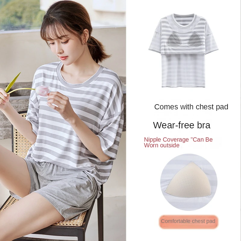 Print Pajamas with Chest Pads Women's Modal Short-sleeved Female Summer Thin Two Piece Sets Homewear Sleepwear Young Girl Stye