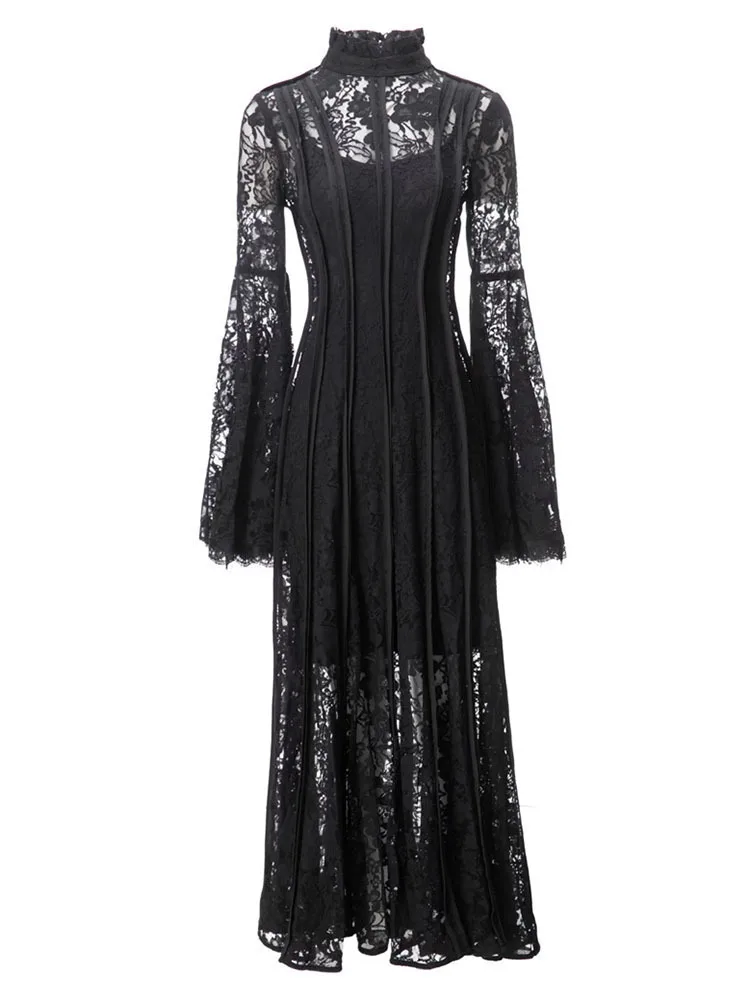 QMQA модные женские вечерние платья с воротником-стойкой и высокой талией длинными