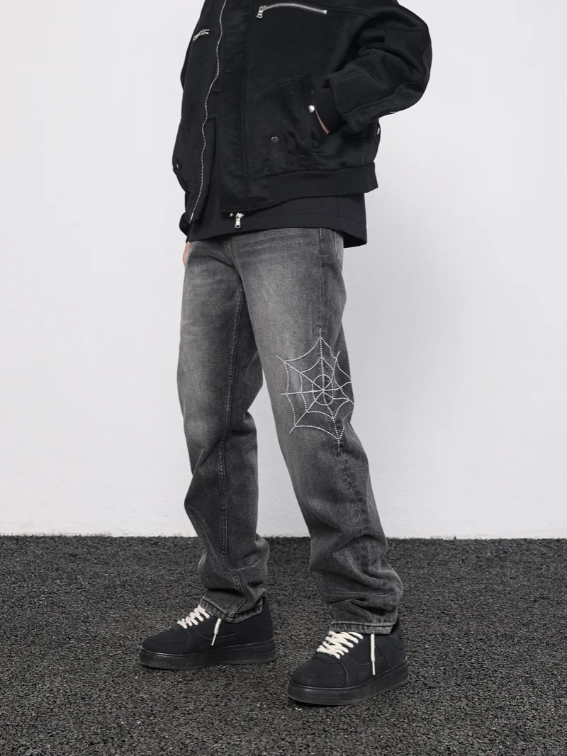Mens Hip Hop Streetwear Denim Pants Cobweb Embroidery Denim Pants 2023 Harajuku Zipper Cotton Joggers Jeans Trousers Harem Pants