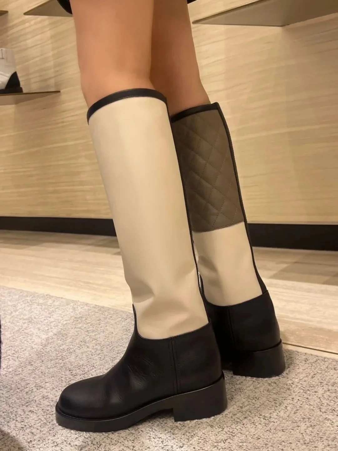 New Plaid Colorblock Knight Boots Women's All-Match Long Boots Round Toe Fashion Boots
