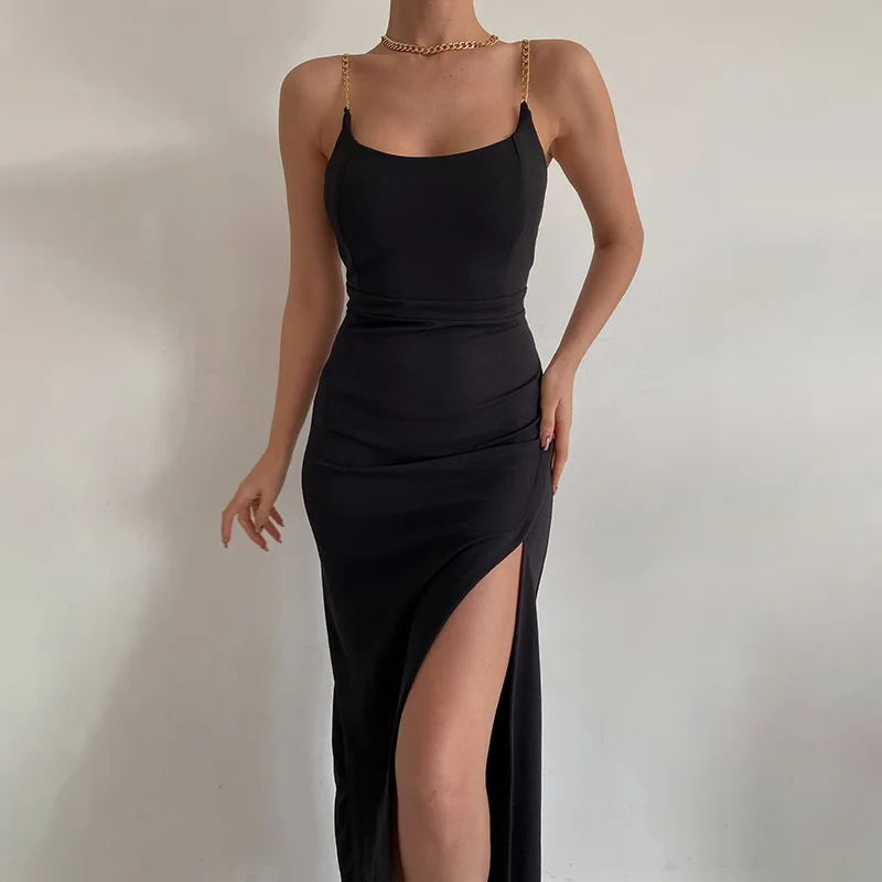 

Sexy High Split Backless Women's Long Dress Summer Sleeveless Solid Slim Female Chain Suspenders Dresses Party Club Fashion Robe