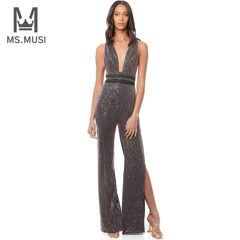 MSMUSI 2022 New Fashion Women Sexy Tank V Neck Sequined Sleeveless Backless Bodycon Party Club Slit Straight Pant Lady Jumpsuit