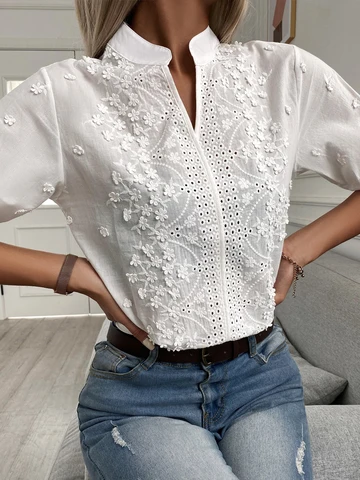 Женская кружевная рубашка с цветочной вышивкой, Повседневная рубашка, заостренный вырез, короткие рукава, хлопок, Blusa Feminina Elegante E... Рубашки