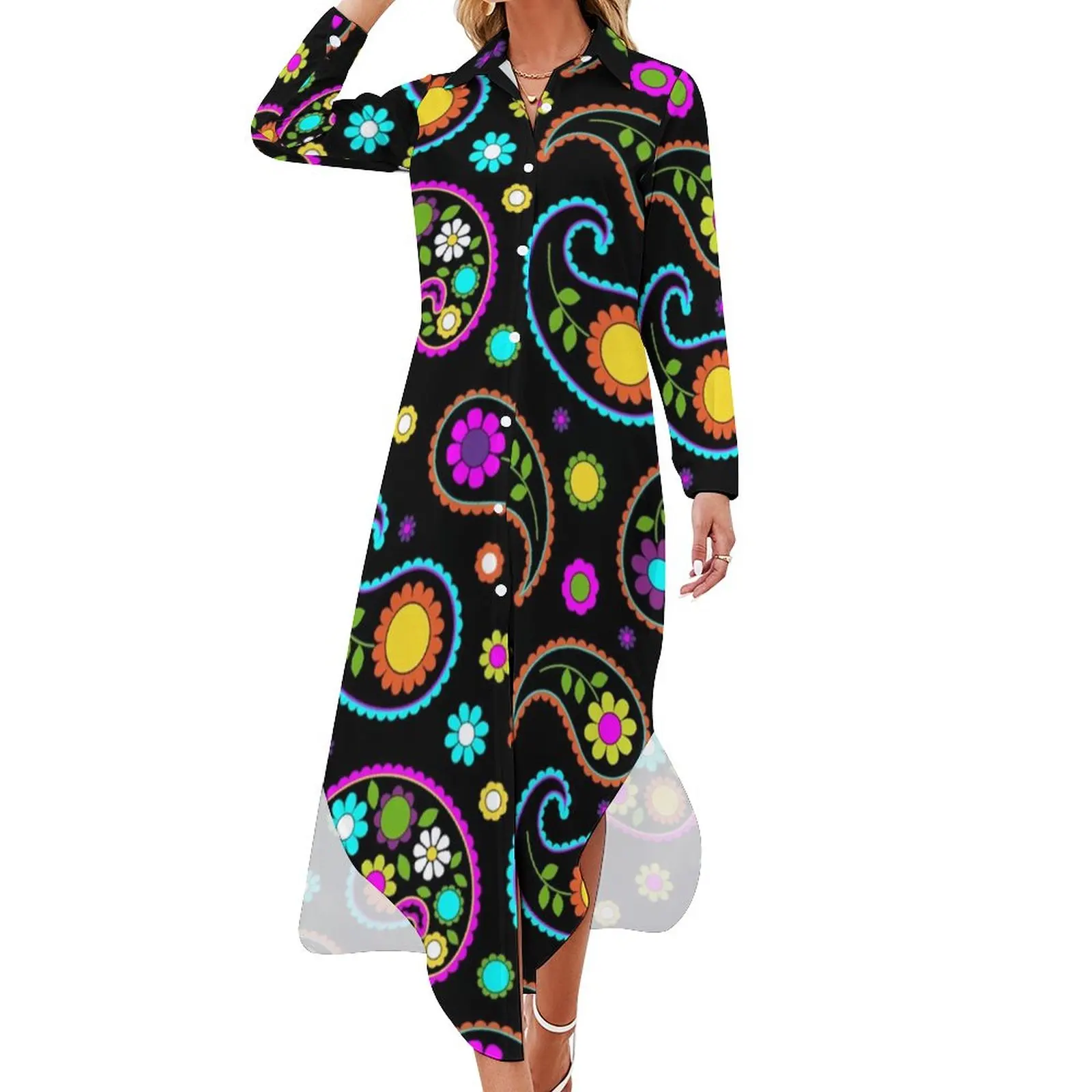 

Retro Groovy Hippy Casual Dress Paisley Floral Print Stylish Dresses Long Sleeve Trendy Female V Neck Oversized Chiffon Dress