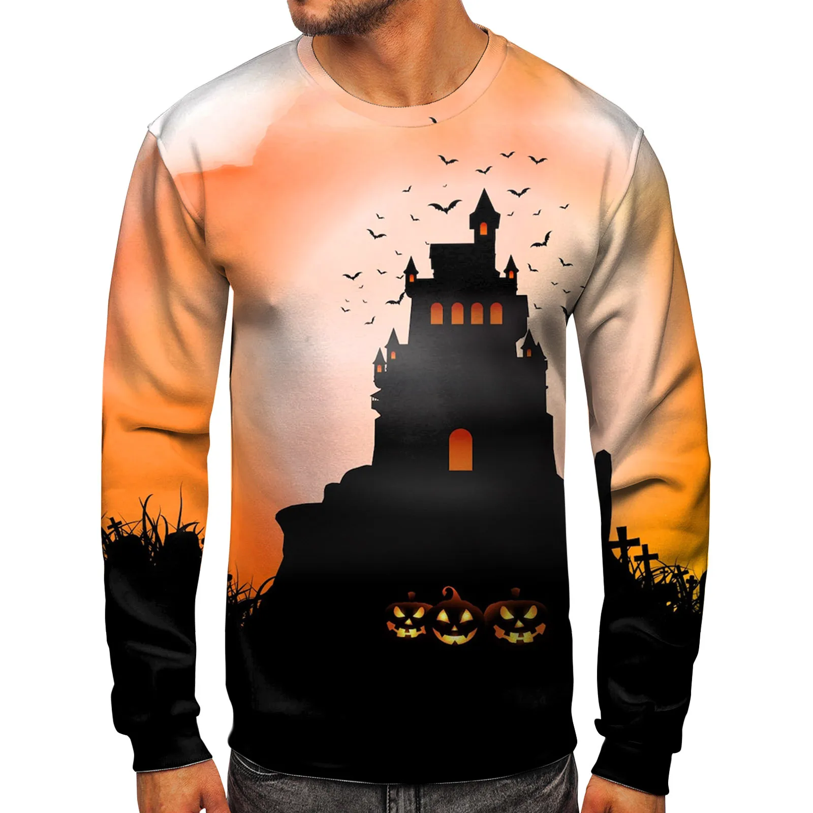 

Men Casual Winter Autumn Long Sleeve O Neck Halloween Printed Pullover Sweatshirt Top Blouse Smile Sweatshirt