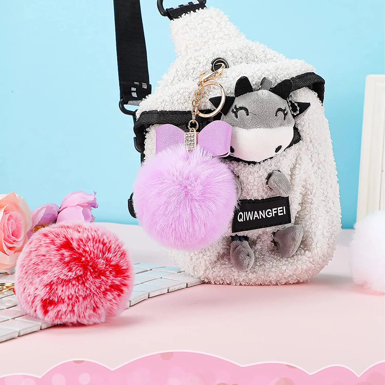 Модный металлический цветок меховой шар помпон письмо брелок для женщин розовый