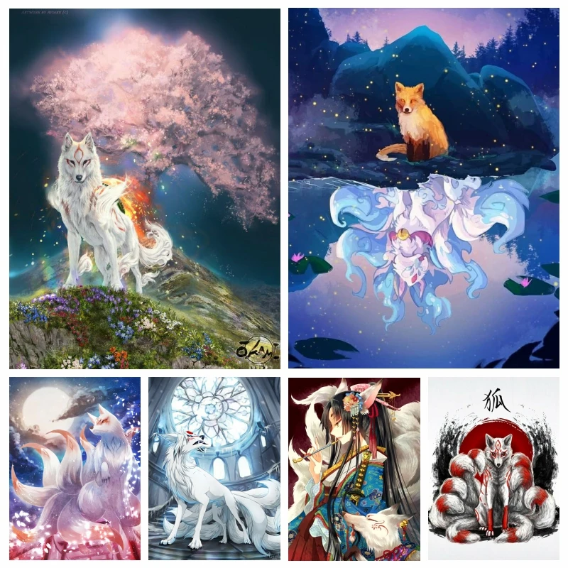 

Diy 5d Diamond Art Painting Fantasy Nine Tailed Fox Kitsune Mosaic Cross Stitch Kit Full Square Drills Embroidery Decor Gift