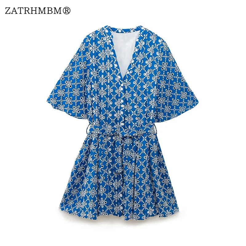 

Платье ZATRHMBM женское с вышивкой, винтажное синее, с коротким рукавом и поясом, лето 2023