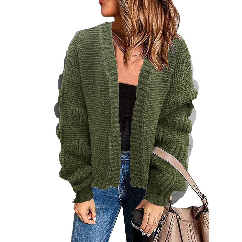 

Autumn Women's Chunky Knitted Long Sleeve Sweater Coats Oversized Ladies Cardigans Puff Sleeve Short Open Stitch Jackets