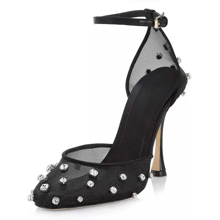 Черные Сетчатые туфли на шпильках с острым носком и ремешком щиколотке сандалии