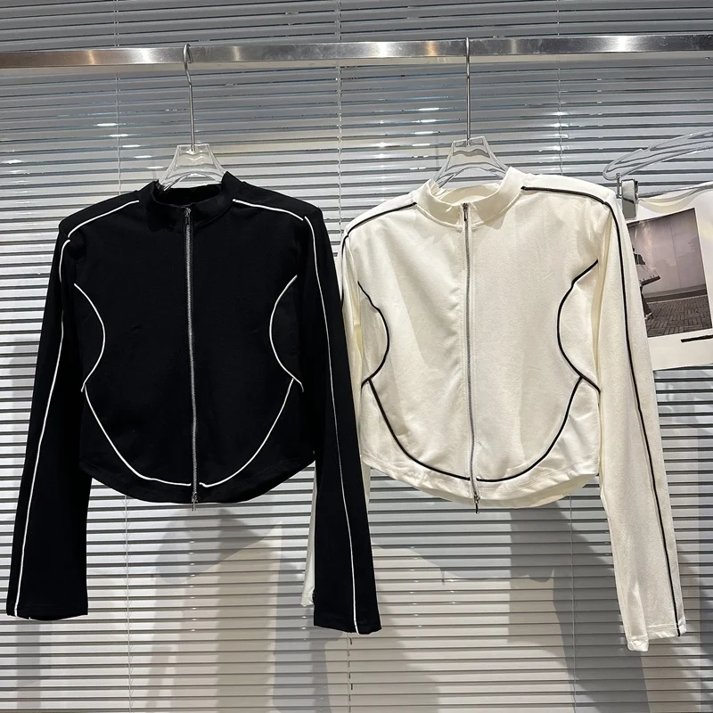 

BORVEMAYS 2023 Spring Summer New Fashion Trend O Neck Long Sleeve Zipper Patchwork Casual All-match T-shirt Women WZ1005