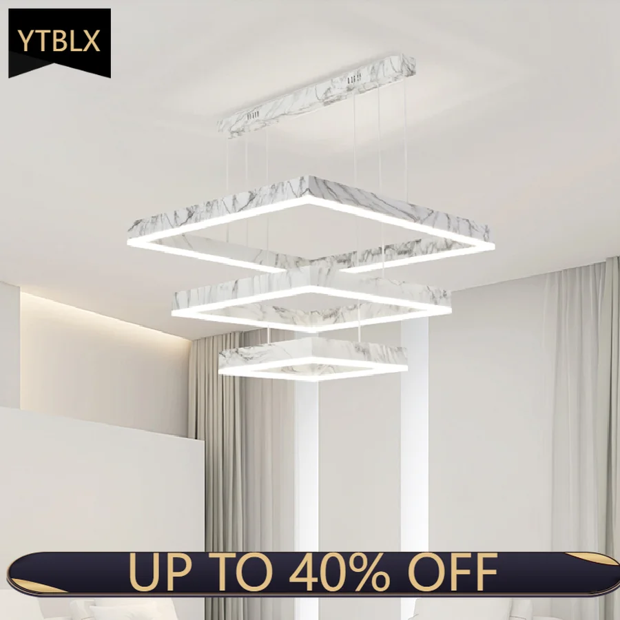 

Nordic Minimalist Imitation Marble Texture Living Room Chandelier Interi White Square Pendant Lamp Kitchen Long Hanging Light