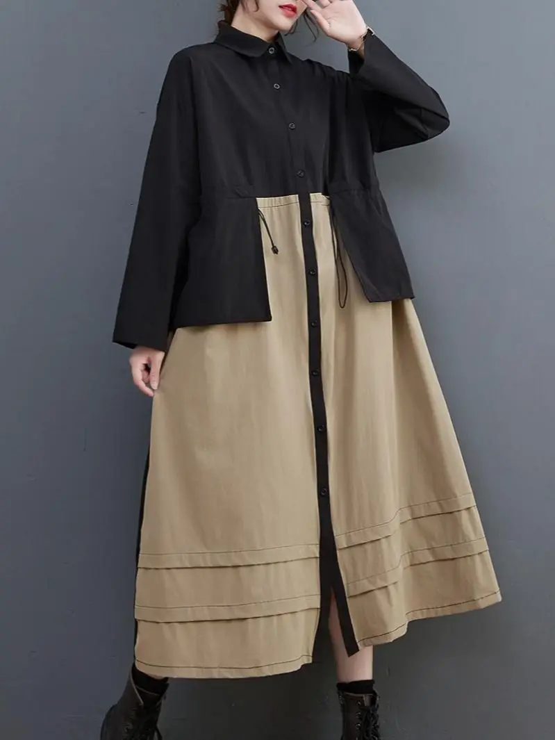 

Женский Длинный тренчкот в европейском стиле, новинка 2022, осенне-зимнее модное женское пальто в Корейском стиле с длинными рукавами и пэчворком, топы