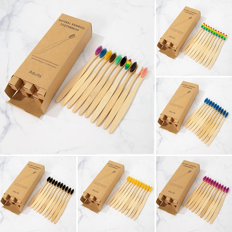 

10PCS Colorful Toothbrush Natural Bamboo Tooth Brush Set Bamboo Toothbrushes Soft Bristle Charcoal Teeth Eco Dental Oral Care