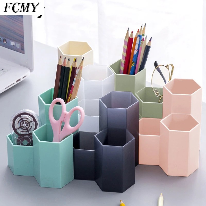 

2022 Three Grid Large Capacity Desk Pen Holder Pencil Makeup Storage Box Desktop Organizer Stand Case School Office Stationery