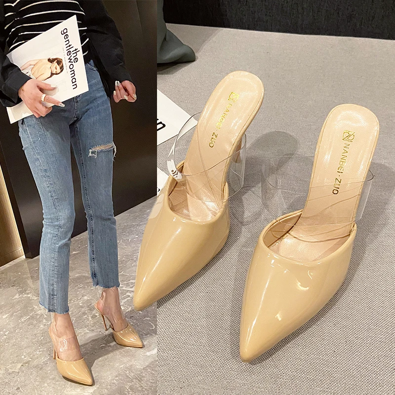 

Large Size Slippers 2023 New Korean Version of High Heel Sandals Thin Heels with A Bun Head Half Drag Outside To Wear Slippers