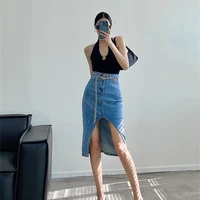 high waist slit denim skirt for women korean style elegant pencil skirt streetwear jupe femme faldas mujer moda 2022no belt