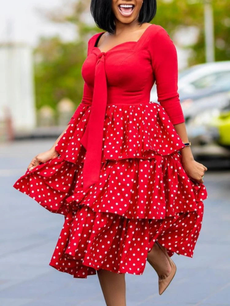 

Женское платье с длинными рукавами и оборками, элегантное офисное платье с высокой талией, модель 2023 года, эластичная африканская мода на весну