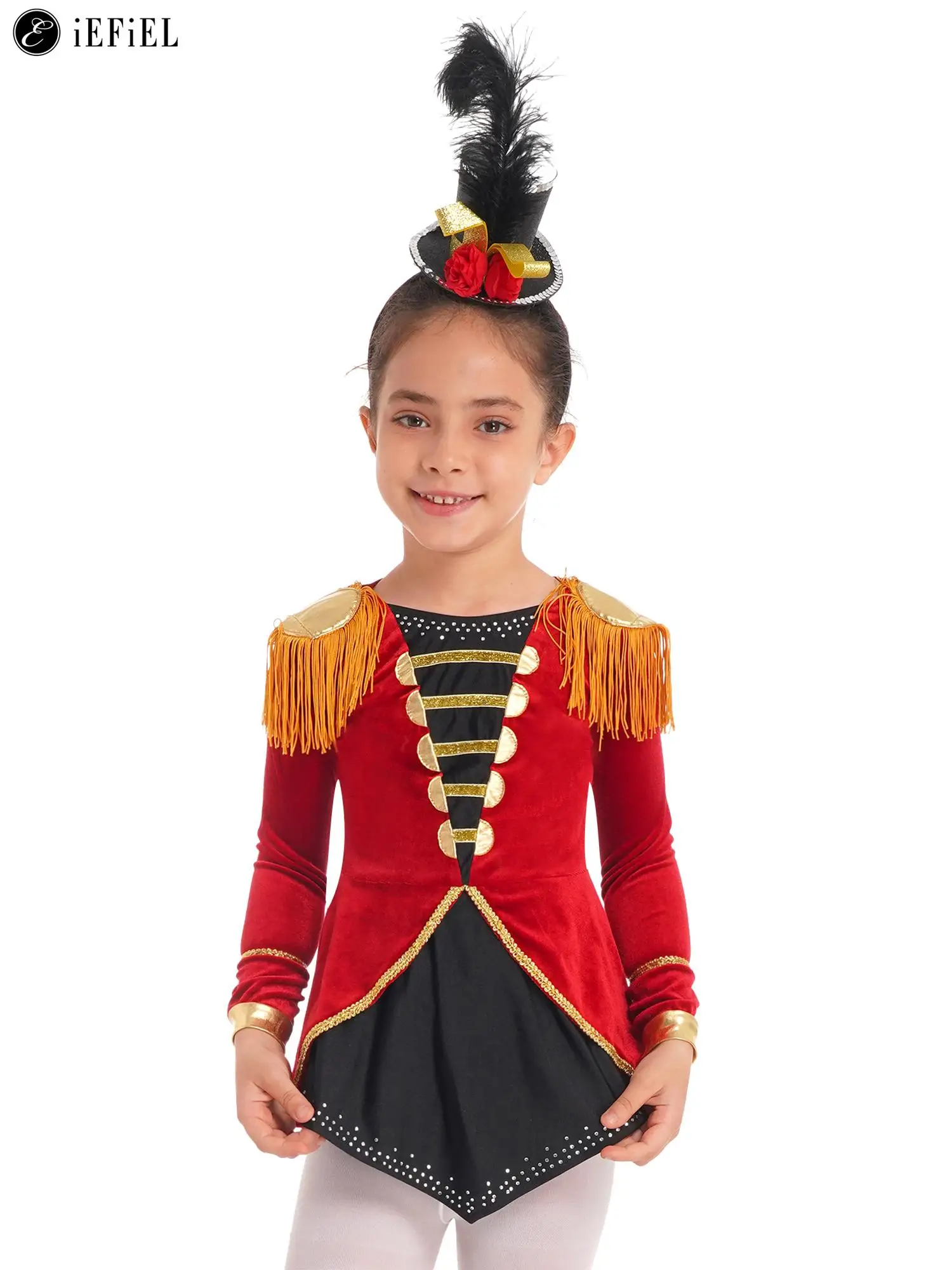 Çocuk kız sirk Ringmaster Cosplay kostüm uzun Sleeves Tassels caz dans Leotard cadılar bayramı partisi için sahne performansı